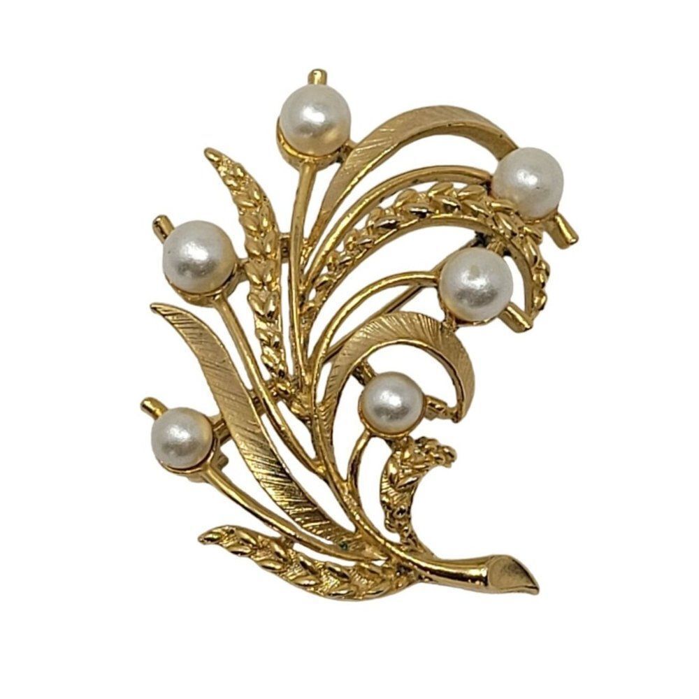 Vintage Signed Lisner Gold Tone Brooch Leaves Grain Grass Wheat Pin Faux Pearl‎